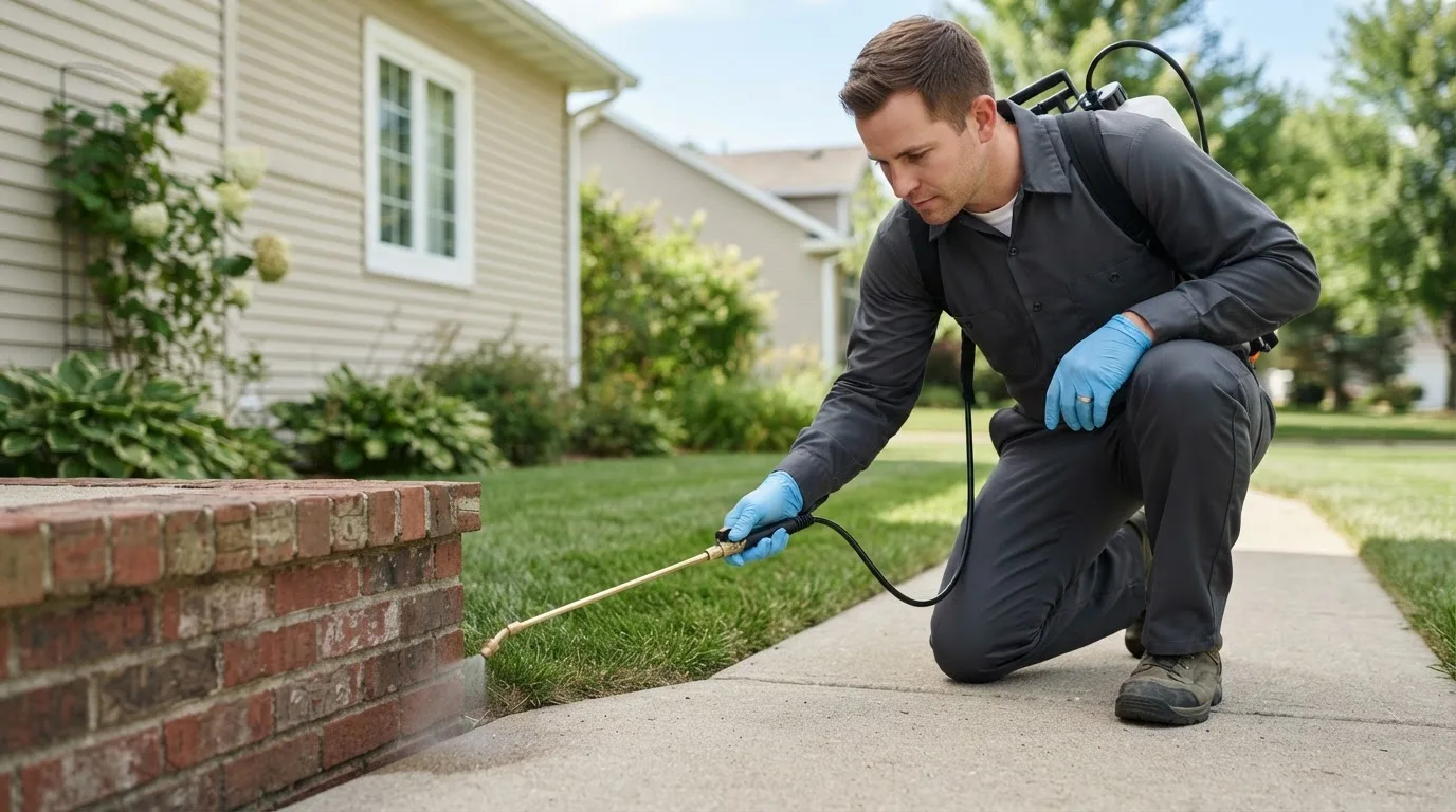 Pest control technician treating a home near Walpole, ME